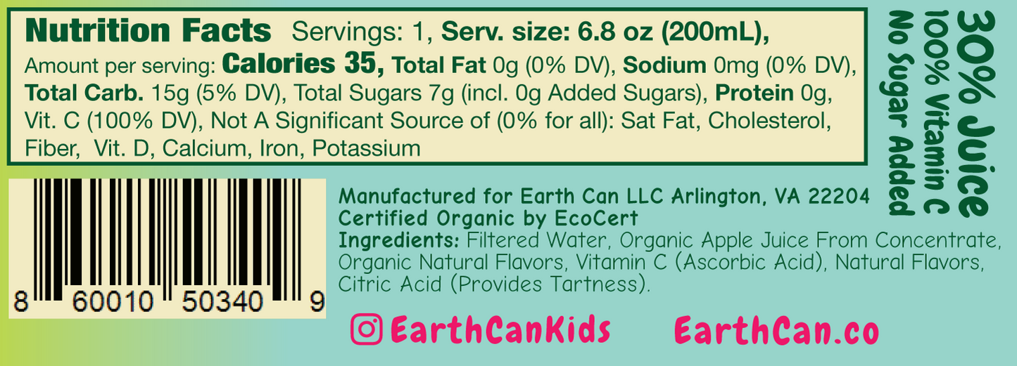 EarthCan! Apple & Fruit Punch VARIETY PACK Organic Juice- 12PK of 6.8oz / 200mL Plastic-Free Aluminum Cans (6 Cans Each)