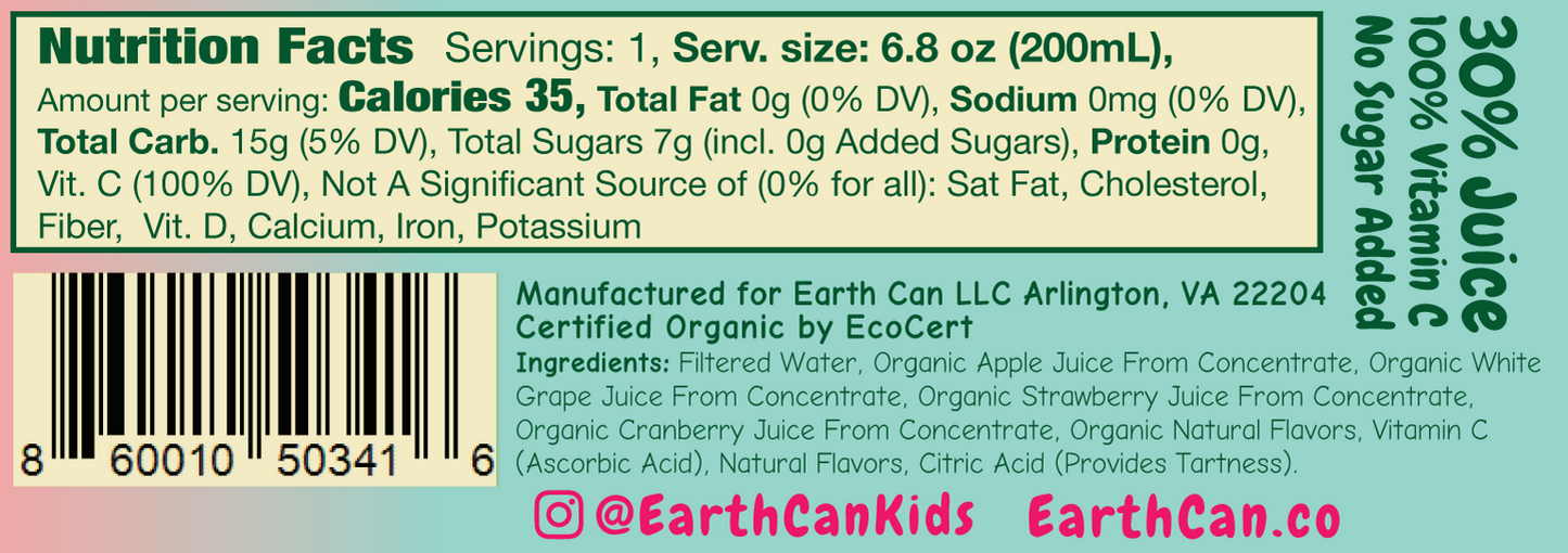 EarthCan! Organic FRUIT PUNCH Juice - 12PK of 6.8oz / 200mL Plastic-Free Aluminum Cans