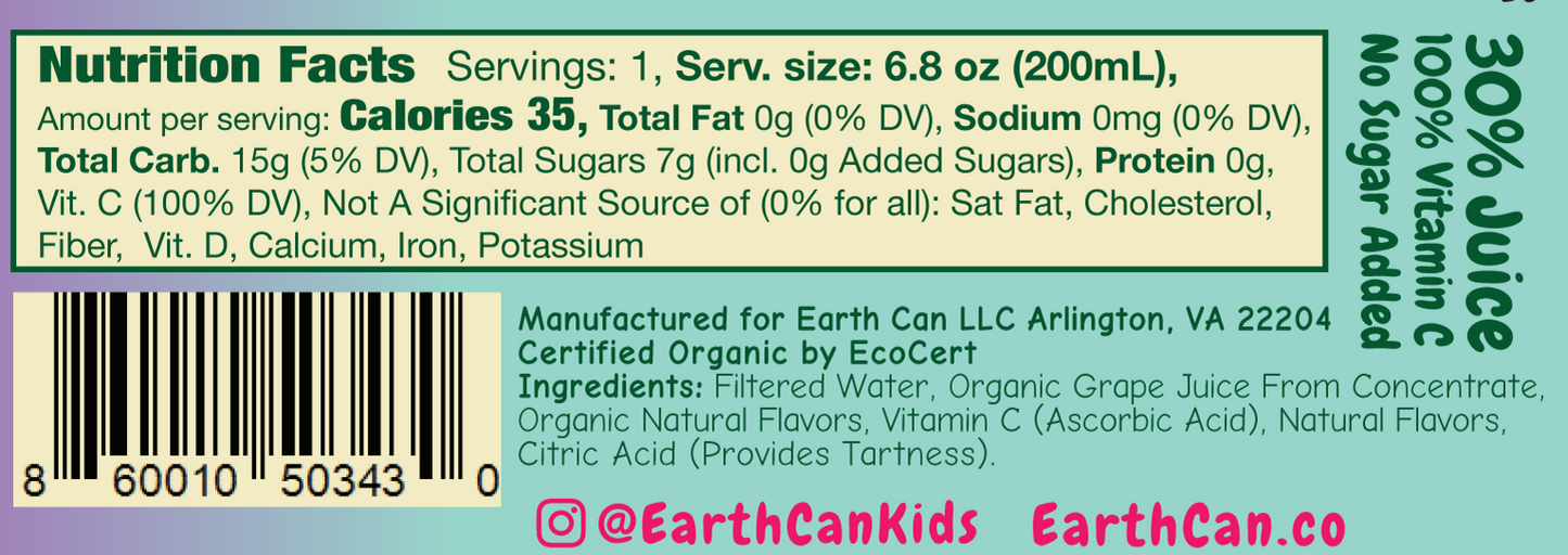 EarthCan! Organic GRAPE Juice - 12PK of 6.8oz / 200mL Plastic-Free Aluminum Cans