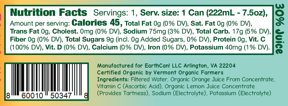 *NEW* EarthCan! - ORANGE - Organic Juice-> 10PK of 7.5oz Plastic Free Aluminum Cans