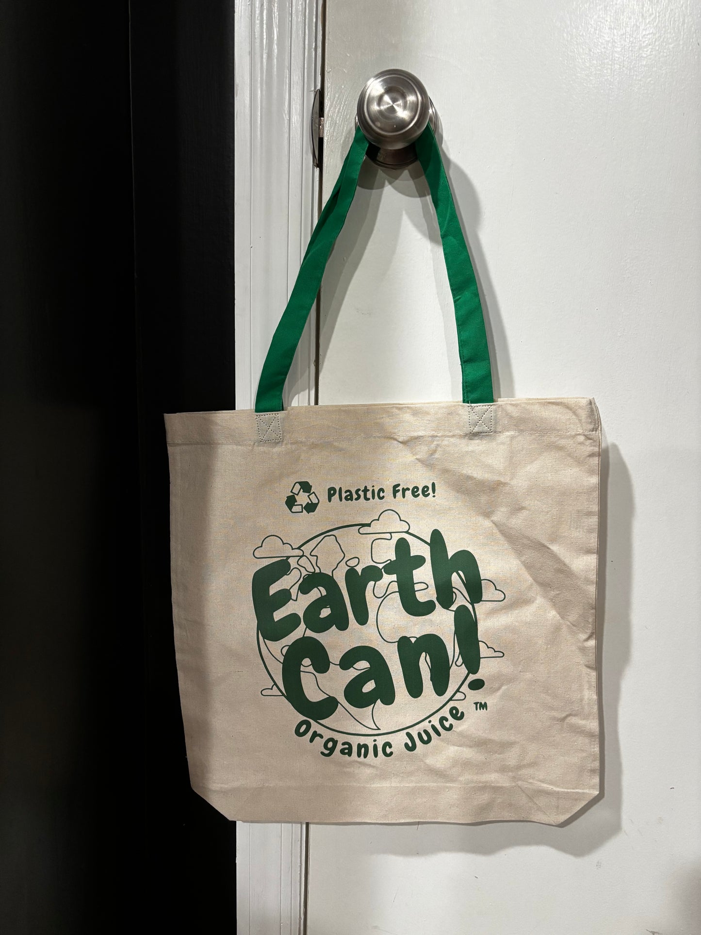 EarthCan! Logo / Save The Earth Cloth Tote Bag w/ Green Straps
