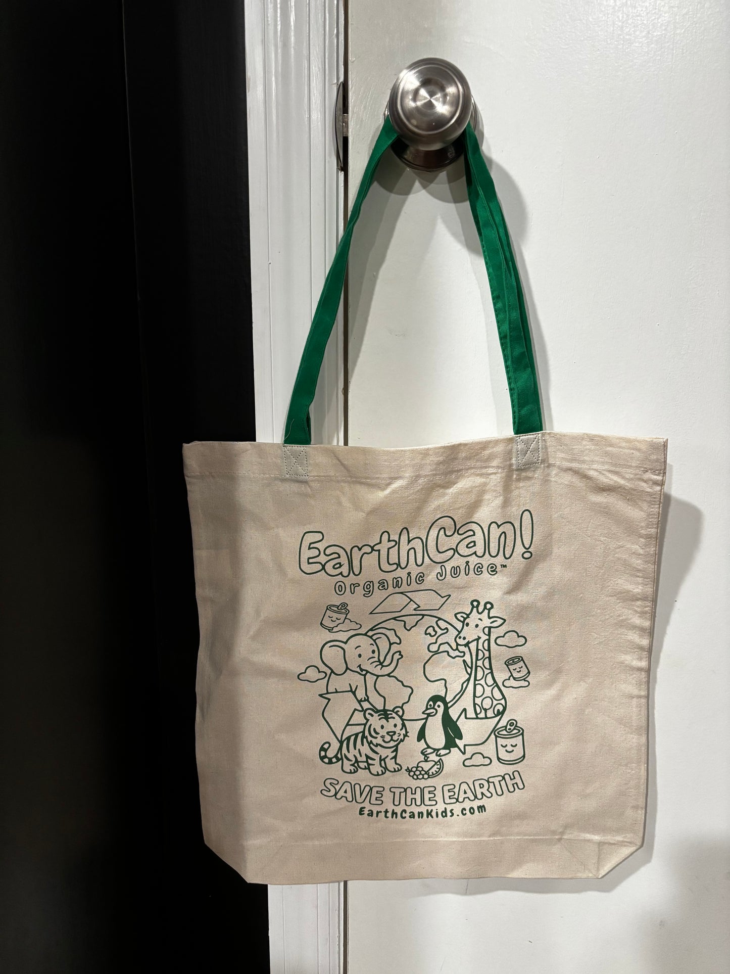 EarthCan! Logo / Save The Earth Cloth Tote Bag w/ Green Straps