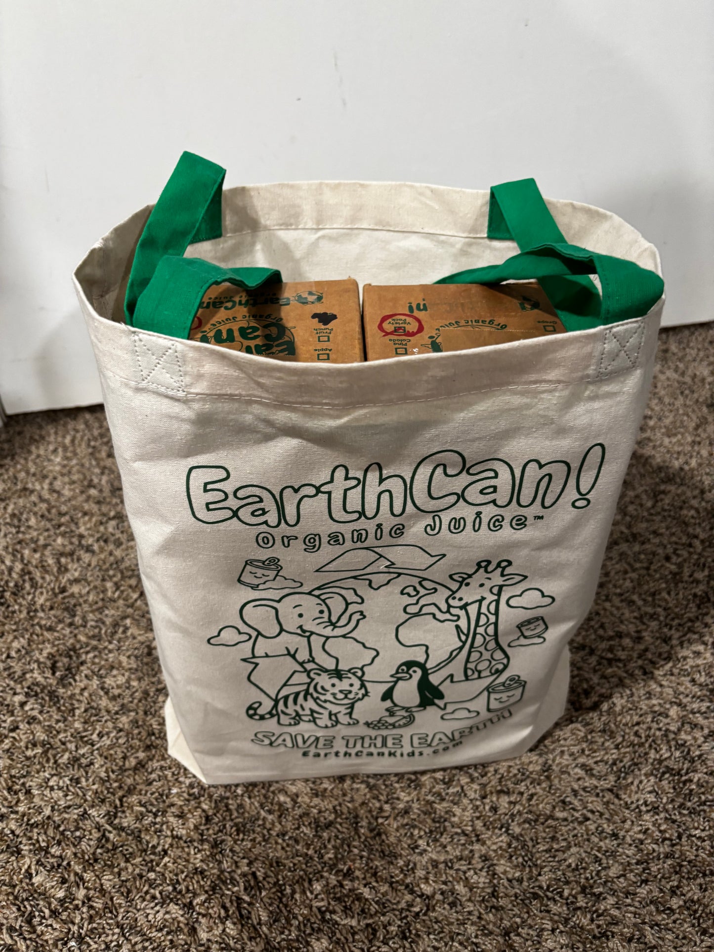 EarthCan! Logo / Save The Earth Cloth Tote Bag w/ Green Straps