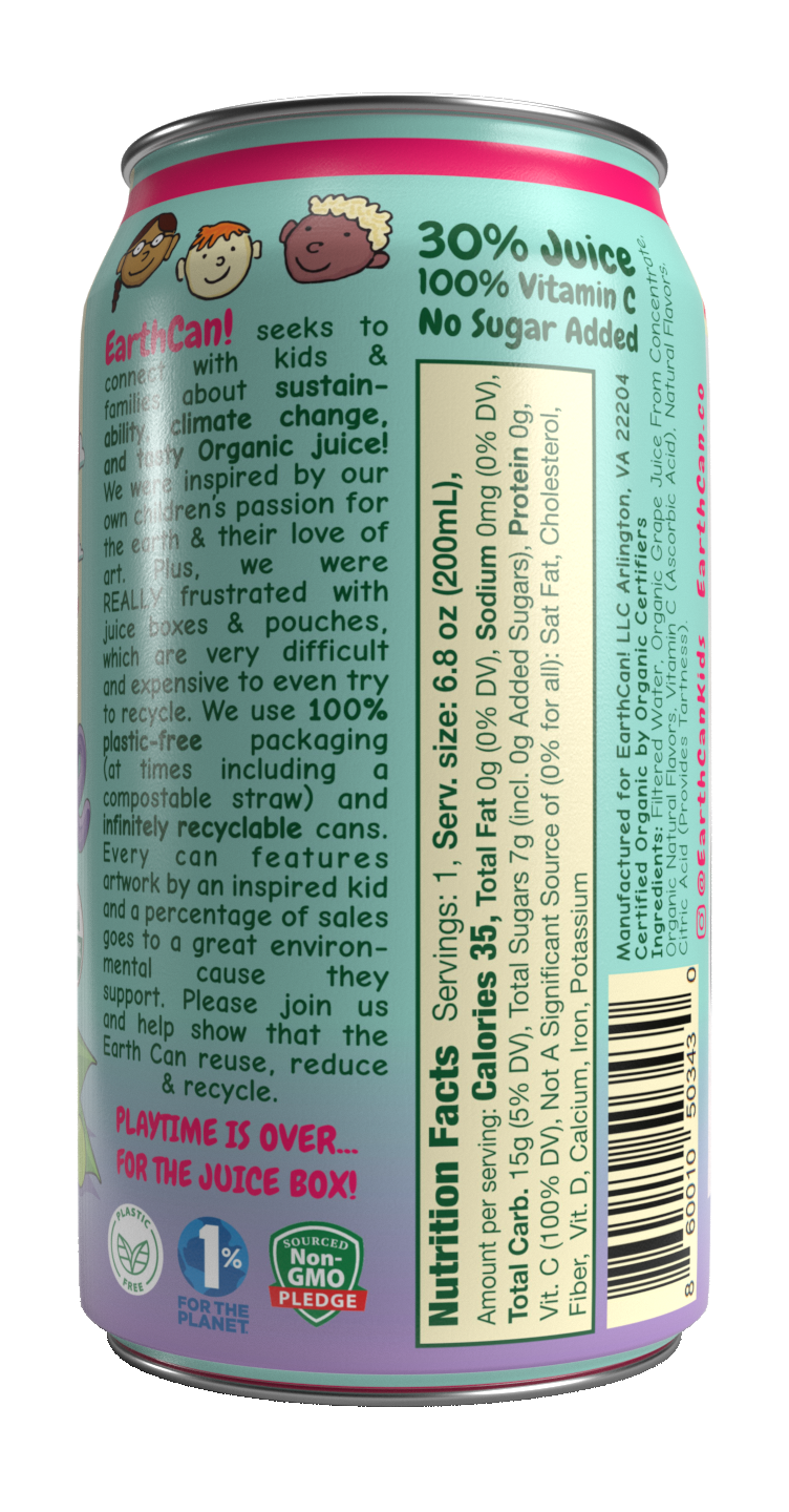 EarthCan! Organic GRAPE Juice - 12PK of 6.8oz / 200mL Plastic-Free Aluminum Cans