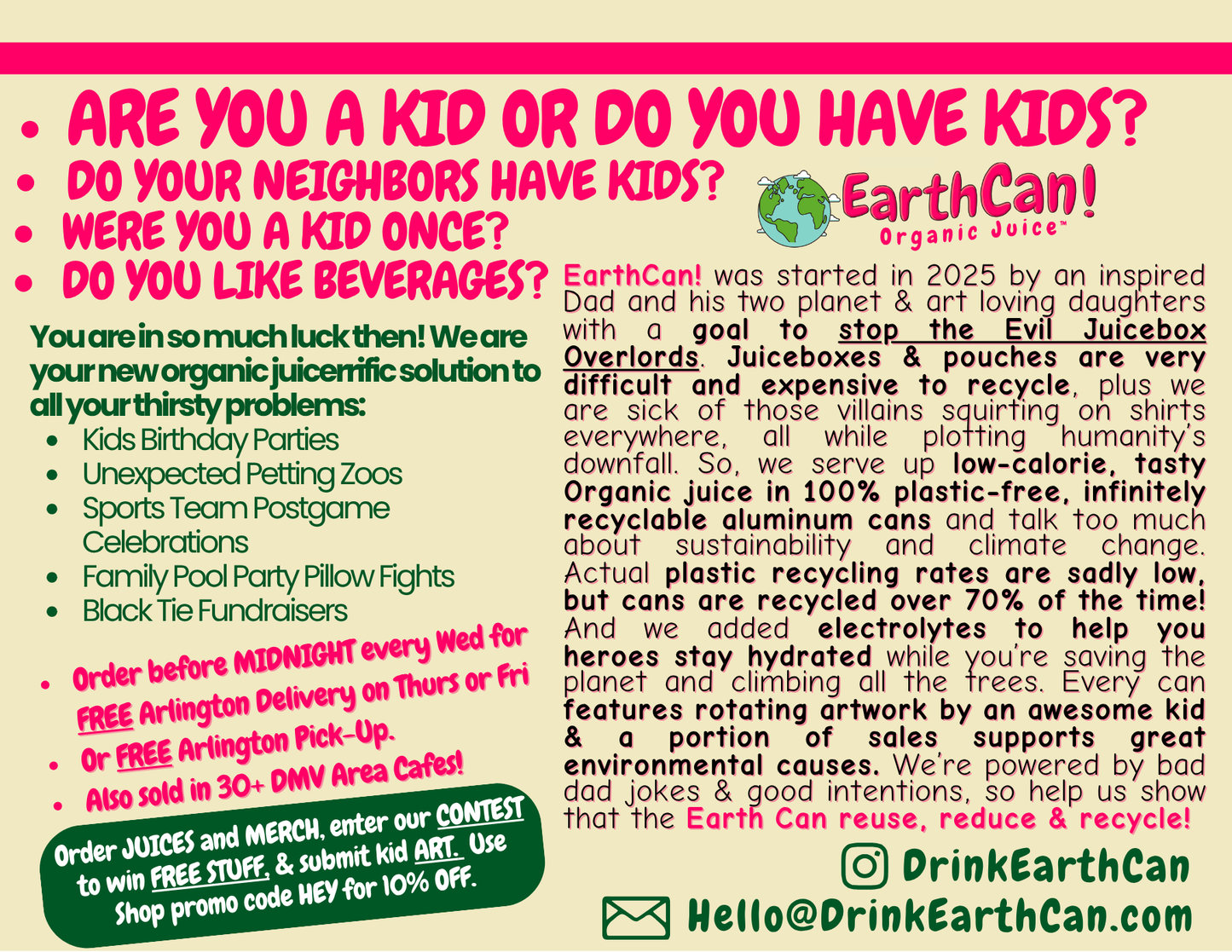 *NEW* EarthCan! - VARIETY PACK - Organic Juice-> 10PK of 7.5oz Plastic Free Aluminum Cans (3 Apple, 3 Fruit Punch, 2 Grape, and 2 Orange)
