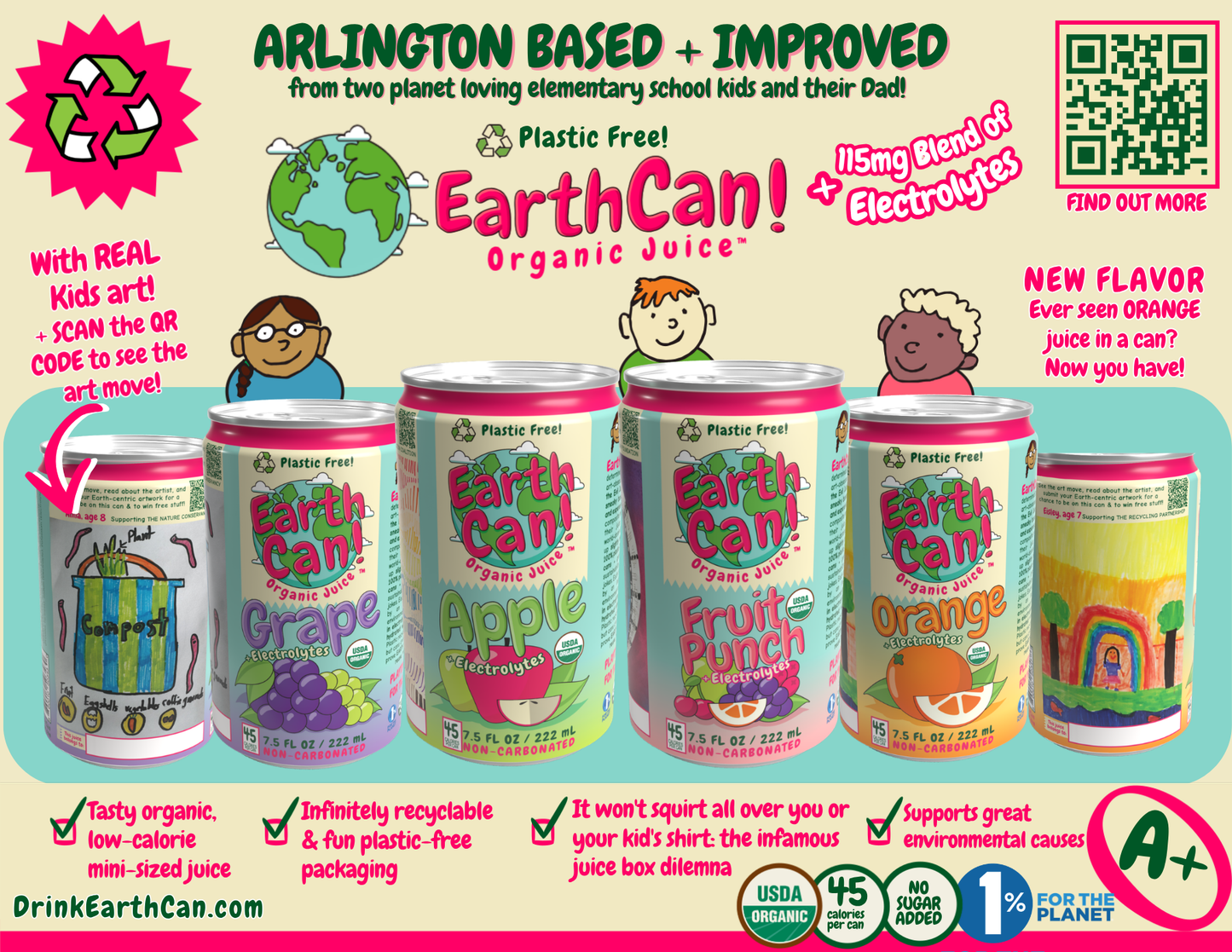 *NEW* EarthCan! - VARIETY PACK - Organic Juice-> 10PK of 7.5oz Plastic Free Aluminum Cans (3 Apple, 3 Fruit Punch, 2 Grape, and 2 Orange)