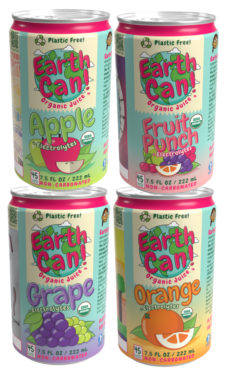 *NEW* EarthCan! - VARIETY PACK - Organic Juice-> 10PK of 7.5oz Plastic Free Aluminum Cans (3 Apple, 3 Fruit Punch, 2 Grape, and 2 Orange)