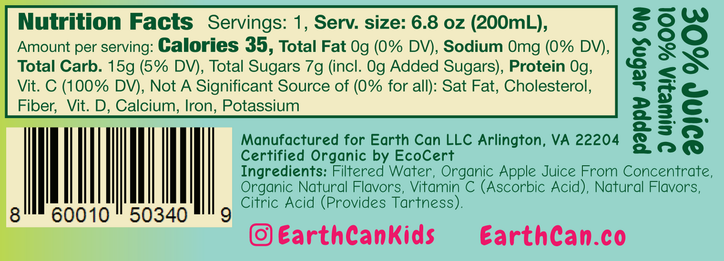 [PRE-ORDER] EarthCan! Organic APPLE Juice - 12PK of 6.8oz / 200mL Plastic Free Aluminum Cans