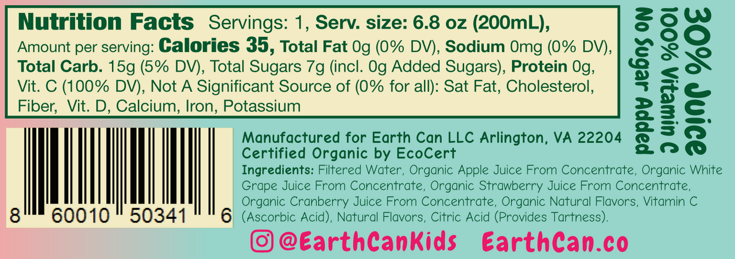 [PRE-ORDER] EarthCan! Organic FRUIT PUNCH Juice - 12PK of 6.8oz / 200mL Plastic-Free Aluminum Cans