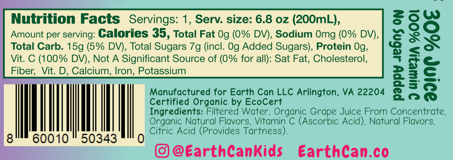 [PRE-ORDER] EarthCan! Organic GRAPE Juice - 12PK of 6.8oz / 200mL Plastic-Free Aluminum Cans