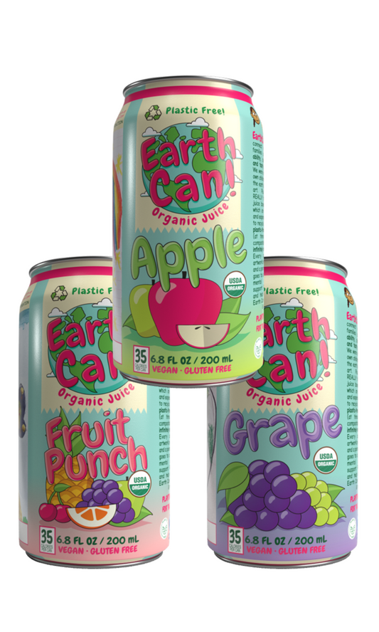 [PRE-ORDER] EarthCan! VARIETY PACK Organic Juice- 12PK of 6.8oz / 200mL Plastic-Free Aluminum Cans (4 Cans Each: Apple, Fruit Punch, Grape)