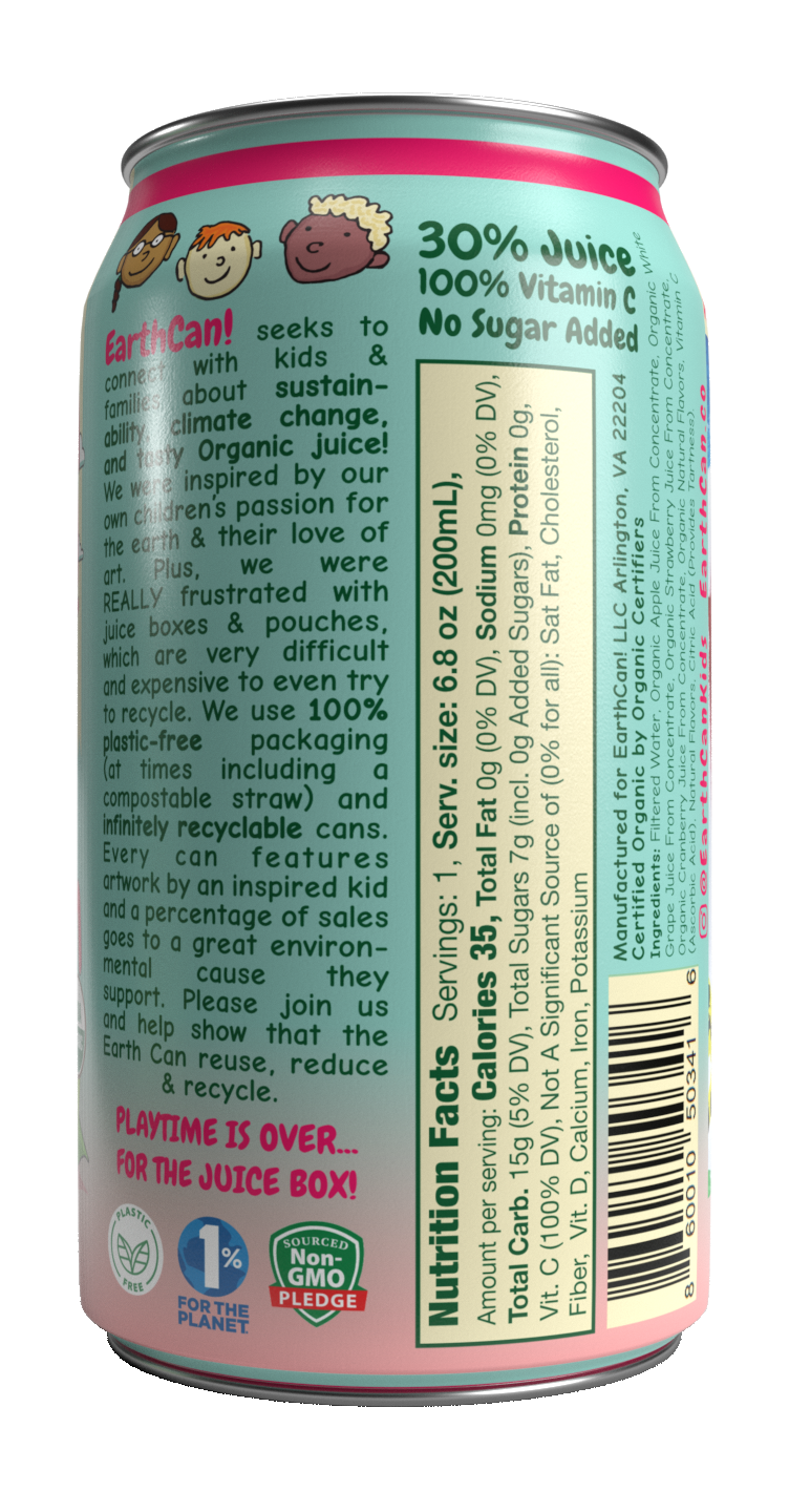 [PRE-ORDER] EarthCan! VARIETY PACK Organic Juice- 12PK of 6.8oz / 200mL Plastic-Free Aluminum Cans (4 Cans Each: Apple, Fruit Punch, Grape)